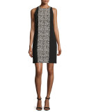 Sleeveless Crepe Tile-Print Shift Dress, Black