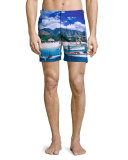 Bulldog Haitian Hiatus Printed Swim Trunks, Blue Pattern
