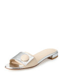 Buttoni Crocodile-Embossed Slide Sandal, Silver/Beige