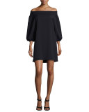 Off-the-Shoulder Woven Mini Dress, Black