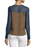 Reagan Long-Sleeve Silk Colorblock Top, Midnight/Orange/Canvas