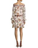 Indie Smocked Off-the-Shoulder Floral Silk Dress, Ivory