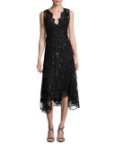 Sleeveless Embellished Lace Midi Dress, Black