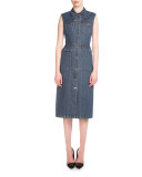 Sleeveless Snap-Front Denim Midi Dress, Natural Blue Vintage