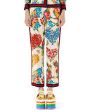 Corsage-Print Silk Pajama Pants, Ivory
