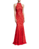 Sleeveless Beaded Lace Mermaid Gown, Red