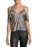 Striped Silk Charmeuse Cold-Shoulder Top, Ecru