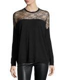 Lace-Yoke Long-Sleeve Sweater, Black
