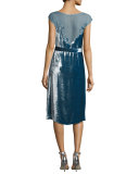 Devore Cap-Sleeve Belted Velvet Dress, Blue