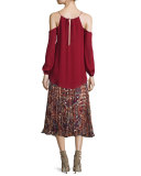 Cold-Shoulder Silk Chiffon Blouse, Ruby