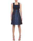 Iridescent High-Waist Belted A-Line Skirt, Navy