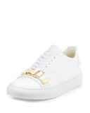 Belted-Toe Leather Tennis Sneaker, White