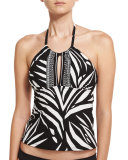 High-Neck Printed Tankini Swim Top, Black/White