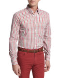 Plaid Cotton Sport Shirt, Red/Tan