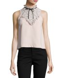 High-Neck Crepe Top w/Lace Yoke, Blush