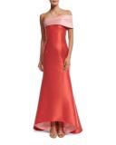 Two-Tone Stretch Jacquard Mermaid Gown, Coral
