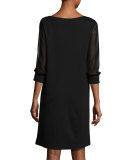 Sheer 3/4-Sleeve V-Neck Punto Milano Dress, Black