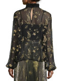 Long-Sleeve Sheer Floral Silk Chiffon Top, Black/Gold