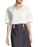 Short-Sleeve Poplin & Crochet Top, White
