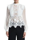 Floral-Lace Long-Sleeve Top, Cream