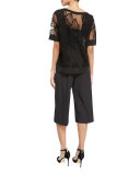 Bateau-Neck Botanical Mesh Jersey Top, Black