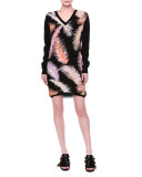 Long-Sleeve Feather-Print Sheath Dress, Black/Multi