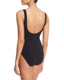 Twisted-Front Pleather-Trim One-Piece Swimsuit, Black