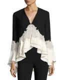 Tiered Georgette Lace-Inset Blouse, Black/Ivory