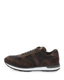 Suede & Nylon Trainer Sneaker w/Shearling Tongue, Gray/Brown