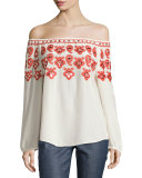 Leyla Off-the-Shoulder Embroidered Top, Ivory/Red 