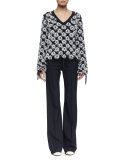 Long-Sleeve V-Neck Appliqué Pullover, Navy