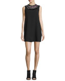 Sleeveless Embellished Crepe Shift Dress, Black/Multicolor
