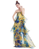 Floral-Print Sleeveless Tiered Organza Gown, Citrine