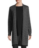 Stripe-Print Open-Front Long Cardigan, Black/Ash