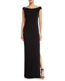Classic Cady Beaded Boat-Neck Gown, Caviar