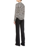 Harmony Silk Animal-Print Pintucked Blouse, White/Brown