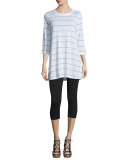3/4-Sleeve Wide-Striped Linen Jersey Tunic 