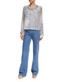 Stretch Denim High-Rise Flare Jeans, Washed Indigo