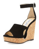 Neyo Suede/Cork Ankle-Wrap Wedge Sandal