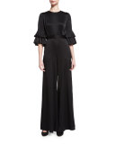 Satin Flutter-Sleeve Jumpsuit, Black