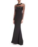 Long-Sleeve Illusion-Neck Beaded-Top Gown 