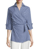 Honeycomb-Dot Wrap Blouse, Navy/White