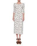 Polka-Dot 3/4-Sleeve Midi Dress, White/Black