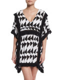 Geometric Fringe-Trim Bermuda Caftan, Black/White