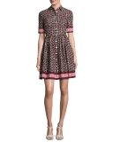 printed poplin a-line shirtdress, brown/multicolor