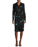 Bird-Print Silk Jersey Belted Shirtdress, Black Multicolor