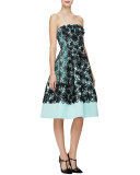 Strapless Floral Fit-&-Flare Dress, Seafoam/Black