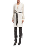 Keyhole Pleated Silk Blouse, Alabaster