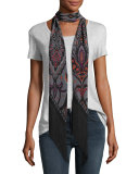 Prickley Paisley Classic Skinny Fringe Silk Scarf, Gray