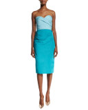 Colorblock Strapless Sweetheart-Neck Midi Dress, Celeste